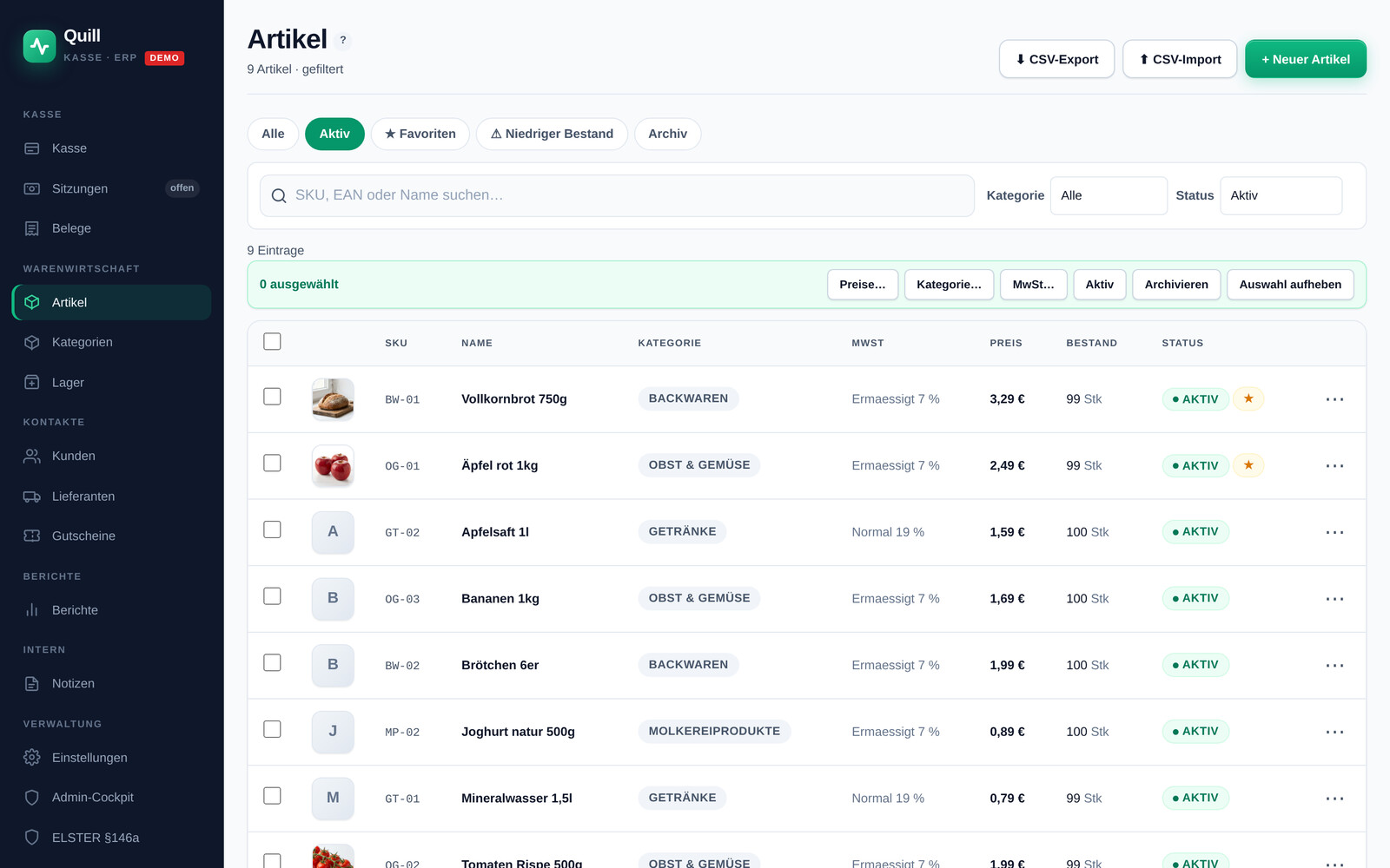 Artikelstamm in Quill mit Kategorien, Steuersatz, Preis und Bestand, Ansicht aus der Quill-Demo-Instanz