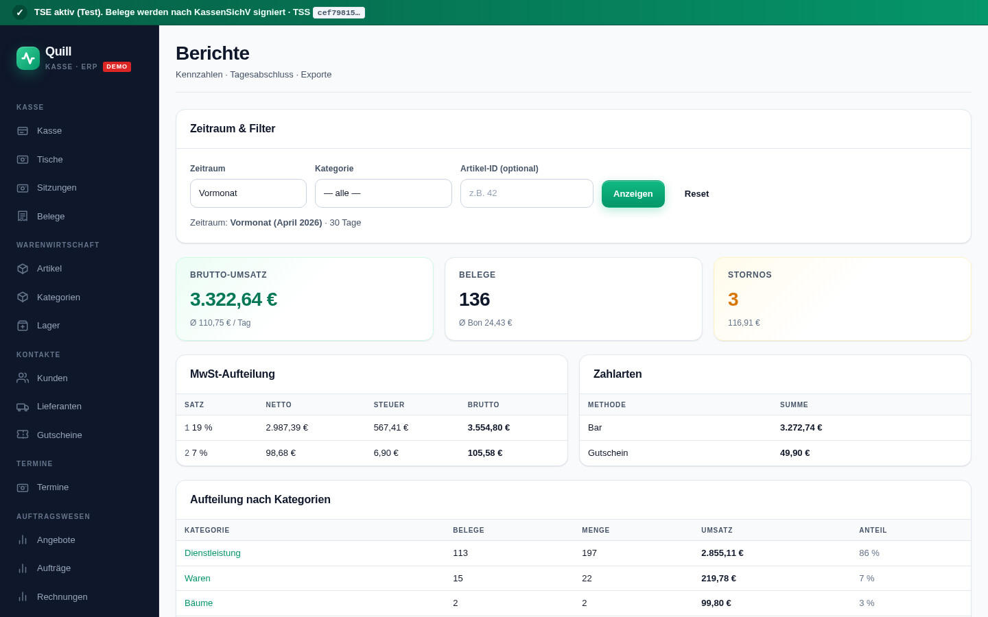 Quill mit aktiver Test-TSE, Statusleiste oben, Demo-Instanz