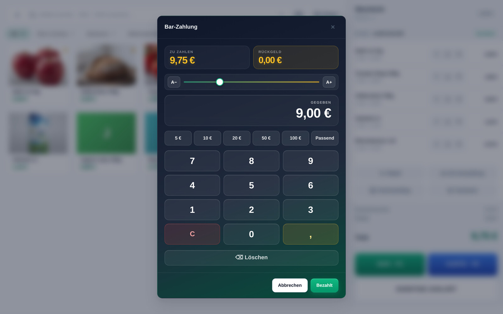 Zahlungsdialog in Quill mit Bar-Zahlung und Rückgeld, Ansicht aus der Quill-Demo-Instanz