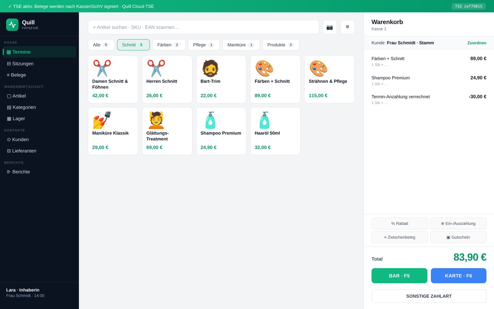 Quill-Kassenoberfläche mit Dienstleistungen und Pflegeprodukten eines Salons, Demo-Instanz