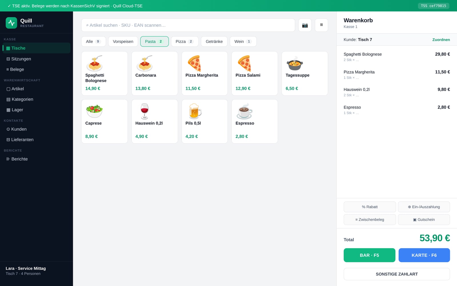 Quill-Kasse mit Gastronomie-Sortiment, Demo-Instanz